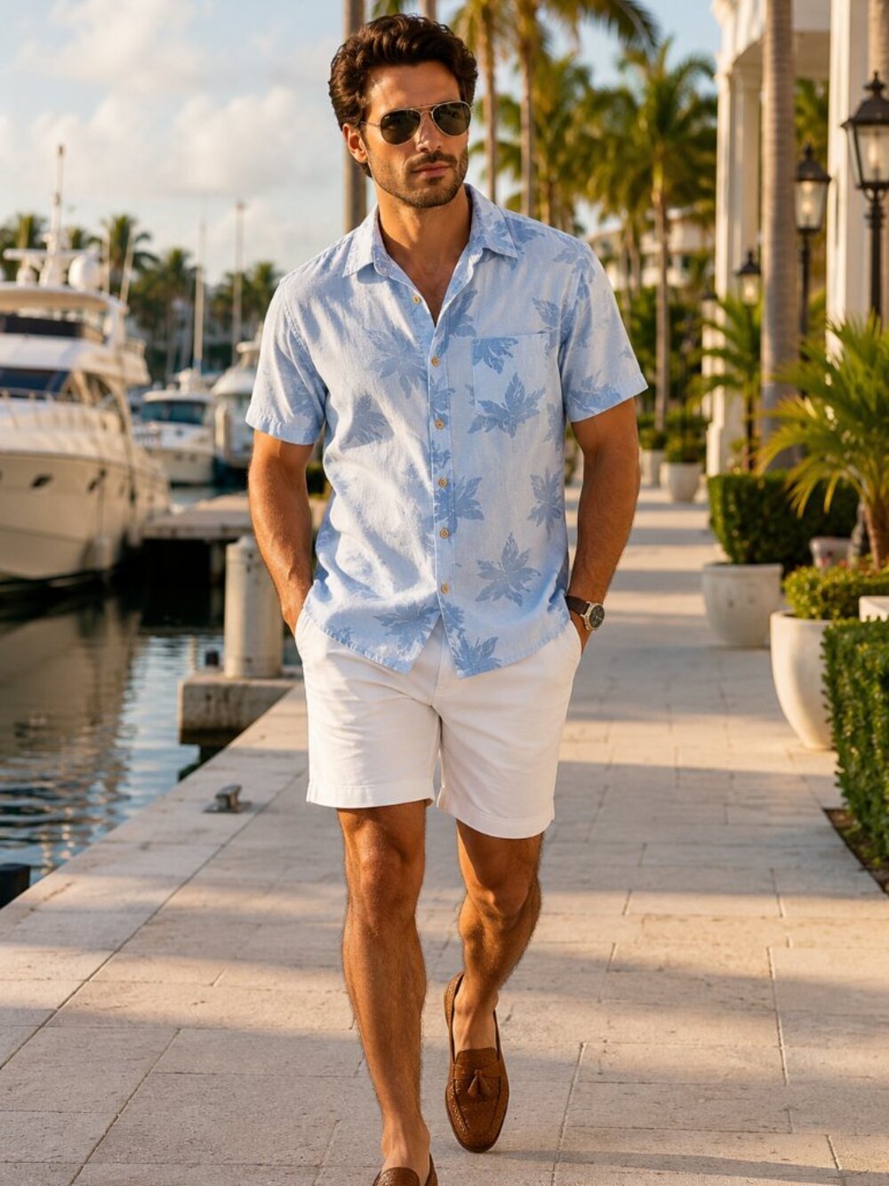 Ben Sherman Linen Blend Tropical Leaf Print Button Front Shirt Blue L